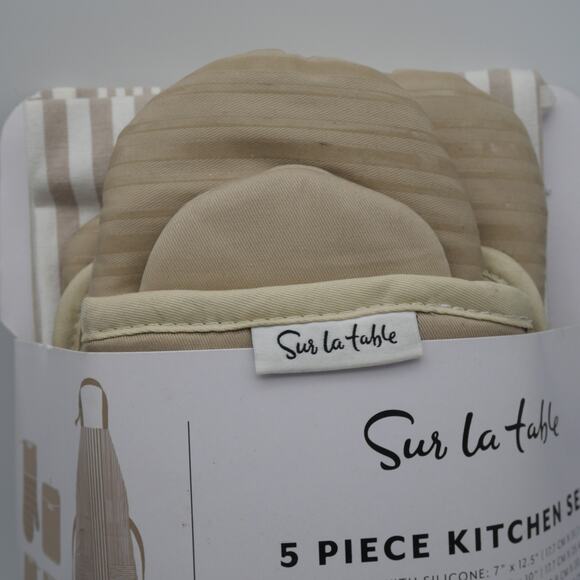 NEW Sur La Table 5 Piece Kitchen Set Apron Oven Mitt Potholder 2 Mini Mitts Tan - Picture 3 of 7
